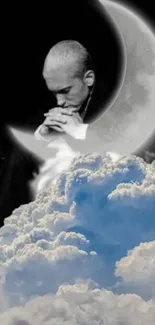 Dreamy moonlit scene with clouds and contemplative figure.