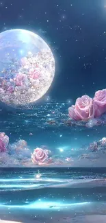 Moonlit roses float in a dreamy night sky.