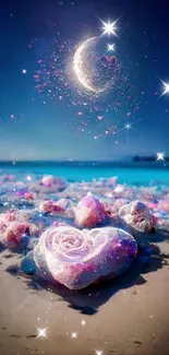 Moonlit beach with heart-shaped stones and glowing crescent.