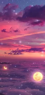 Beautiful dreamy night sky with moon and stars above clouds