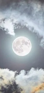 Full moon with surrounding clouds in a tranquil night sky.