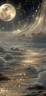 Mesmerizing moonlit sky with stars and shimmering clouds.