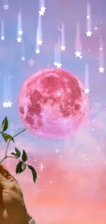 Hand holding a branch under a pink moon in a pastel sky.