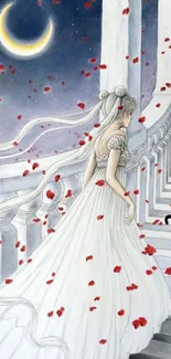 Woman in white gown on a moonlit staircase with a black cat and red petals.