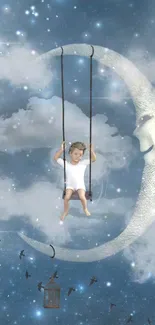 Child swings on a crescent moon under a starry sky.