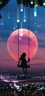 Silhouette of a girl on a swing against a vibrant pink moonlit sky.