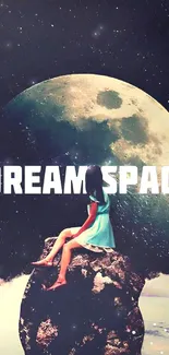 Girl under moon on rock with "Dream Space" text.