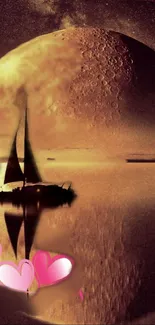 Sailboat on a moonlit sea with pink hearts.