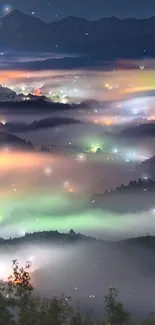 Dreamy colorful mist over mountainous night landscape.