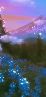 Dreamy mountain landscape with stars and blue flowers.