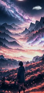 Illustrated scenic wallpaper with galaxy night sky over mountains.