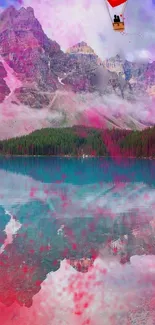 Dreamy mountain lake wallpaper with pink hues.