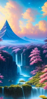 Dreamy landscape with waterfall, vibrant trees, and mountains under a starlit sky.