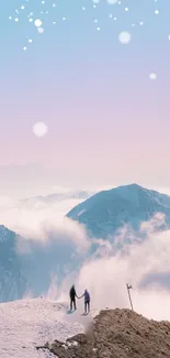 Dreamy mountain scene with pastel sky and snow-capped peaks.