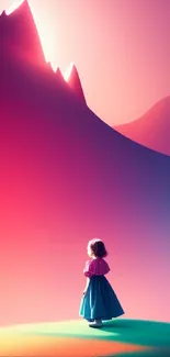 Dreamy mobile wallpaper with silhouette of girl and glowing mountain at sunset.