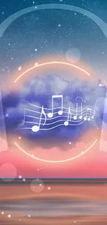 Headphones and music notes in a dreamy sunset scene wallpaper.