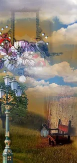 Surreal nature art wallpaper with vintage lamp and floral illustrations.