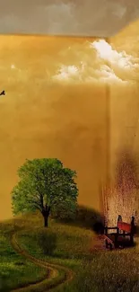 Surreal nature and book theme wallpaper with tree and golden sky.