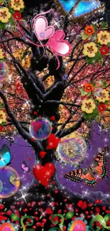 Colorful fantasy tree with butterflies and flowers wallpaper.