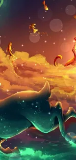 Mystical fantasy wallpaper with glowing creatures against a vibrant sky.