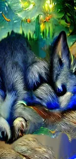 Dreamy artistic depiction of a fox in a vibrant nature scene with blue accents.