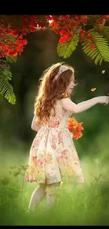 Girl in floral dress under red branches in nature