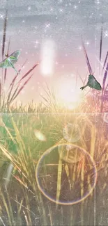 Whimsical wallpaper with butterflies and sparkles over grassy sunset.