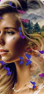 Portrait of a woman with butterflies and nature overlay, enhancing its dreamy feel.