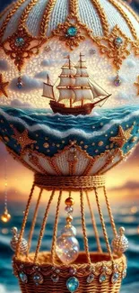 Intricately designed hot air balloon with a sailing ship and ocean theme.