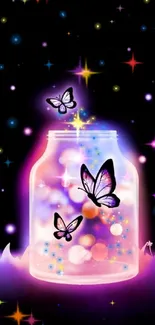 Neon butterflies in a glowing jar with colorful orbs on a starry black background.