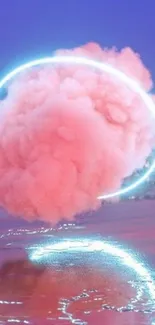 Surreal pink cloud with neon ring reflection on water.