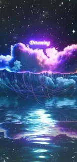 Neon-lit dream cloud over a starlit sea reflecting sky colors.