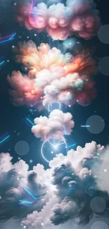 Mobile wallpaper with neon clouds and starry sky.