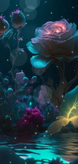 Dreamy neon flowers with glowing leaves.