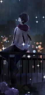 Anime character sitting on a bridge under night lights with a rainy backdrop.