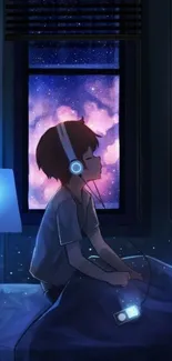 Anime character with headphones in a dreamy night setting.