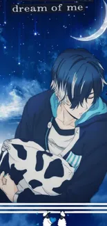 Anime character sleeping under the night sky with moon and stars.