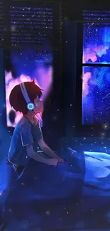 Anime character with headphones in a dreamy, blue night setting.