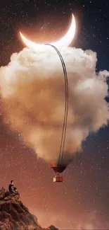 Surreal night scene with a cloud hot air balloon beneath a crescent moon and starry sky.