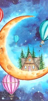 Dreamlike scene with crescent moon and hot air balloons against a starry sky.