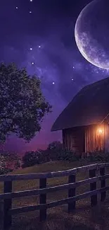 Serene barn under a starry night sky with a glowing moon.