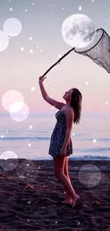 Girl catches moon on serene beach under a dreamy night sky.