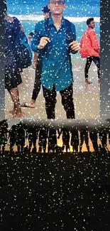 Silhouetted people on beach under tranquil starry sky.