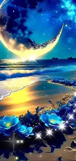 Crescent moon over a tranquil beach with blue flowers and a starry night sky.