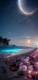 Dreamy night beach with a glowing shoreline and starry sky.