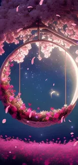 Dreamy round swing with pink blossoms under a starry night sky.