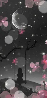 Silhouette on swing with cherry blossoms, moon, and stars in night scene.