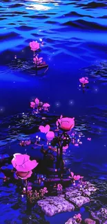 Purple flowers floating on a dark blue sea at night.