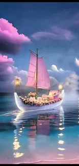 Fantasy moonlit boat sailing on tranquil pink waters under a starry sky.