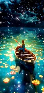 Person in a boat on a starry teal night with glowing flowers on the water.